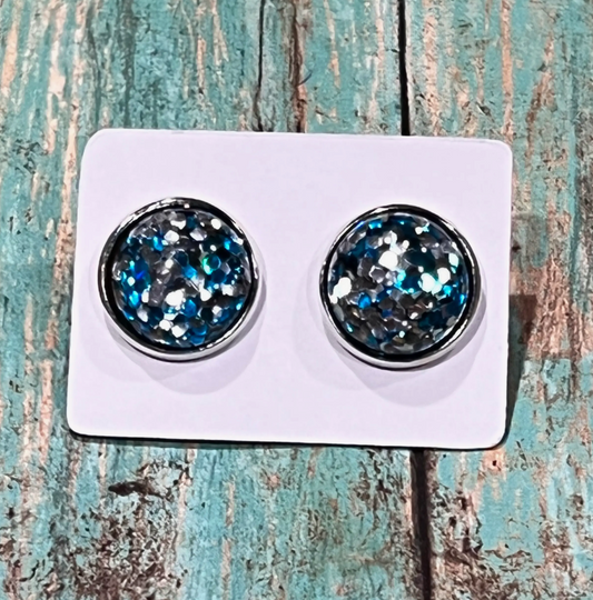 Blue and Silver Glitter Stud Earrings